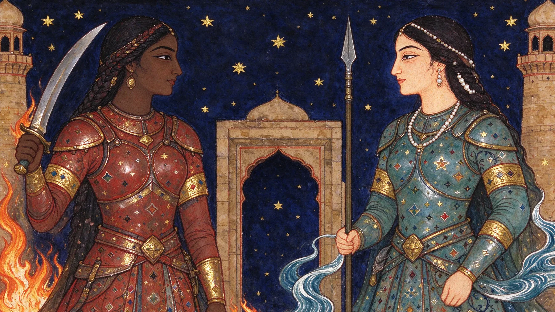 Kessa of the Ember Wardens faces Neyara of the Tideglass Court at a desert gate